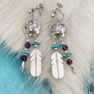 Turquoise Amethyst Stamped Sterling Silver Feather Clip Dangle Drop Earrings